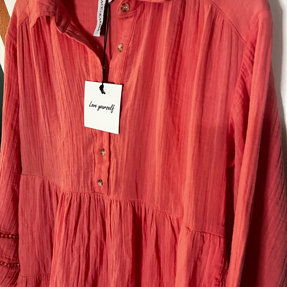 Women's Coral Tiered Mini Dress with Button Placket - Picture 2 of 6